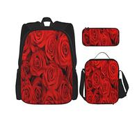Set da 3 pezzi Zaini Molte rose rosse Scattate in una borsa per libri poco profonda Viaggio Campeggio Borsa da scuola Astuccio per matite Borsa da pranzo Combinazione per uomini Donne Ragazzi Ragazz