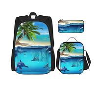 Set da 3 pezzi Zaini Sea Dolphin Fish 3D Underwater World Tropical Beach Palm Tree Book Bag Viaggio Campeggio Lavoro School Bag Astuccio Pranzo Borsa Combinazione Per Uomini Donne Ragazzi Ragazze Ta