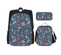 Set da 3 pezzi Zaini Tema della fauna selvatica subacquea Modello di cartone animato marino con vari animali marini divertenti Borsa per libri Viaggio Campeggio Borsa da scuola Astuccio per matite B