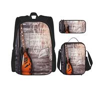 Set da 3 pezzi Zaini Tema musicale Chitarra elettrica in legno Interni di casa Appoggiati sulla sedia Passion Concept Book Bag Viaggio Lavoro School Bag Astuccio Pranzo Borsa Combinazione per uomini