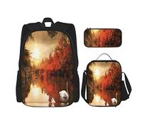 Set da 3 pezzi Zaini Tramonto Autunno Maple Forest Lake Reflection Swan Nature Scene Book Bag Viaggio Campeggio Lavoro School Bag Astuccio Pranzo Borsa Combinazione Per Uomo Donna Ragazzi Ragazze Ta