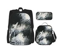 Set da 3 pezzi Zaini Wave Abstract Watercolor Art Mix Creative ExpressionBorsa da libro bianca nera Borsa da viaggio da lavoro Borsa da scuola Astuccio Pranzo Combinazione per uomini Donne Ragazzi R