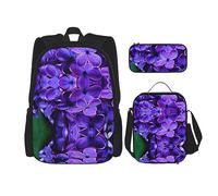 Set da 3 pezzi, zaino leggero e regolabile, borsa termica per il pranzo e astuccio, bandiera del Porto Rico, stampa di palme e rana, Viola floreale, taglia unica