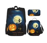 Set da 3 pezzi, zaino leggero e regolabile, borsa termica per il pranzo e astuccio, bandiera del Porto Rico, stampa di palme e rana, Zucca Halloween, taglia unica