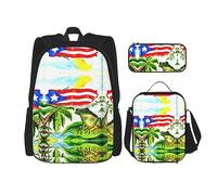 Set da 3 pezzi, zaino leggero e regolabile, borsa termica per il pranzo e astuccio, bandiera del Porto Rico, stampa di palme e rana, Palme Rane Bandiera Puerto Rico, taglia unica