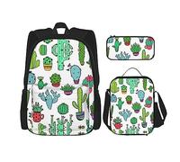 Set da 3 pezzi, zaino leggero e regolabile, borsa termica per il pranzo e astuccio, motivo vita marina blu mare, Bella succulenta, taglia unica