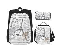 Set da 3 pezzi, zaino leggero e regolabile, borsa termica per il pranzo e astuccio, stampa con gufo e rami di albero, Torre Eiffel del caffè parigino, taglia unica