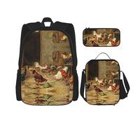 Set da 3 pezzi, zaino leggero e regolabile, borsa termica per il pranzo e astuccio, stampa giapponese con gru e pino, Allevamento di galline di pollo arrosto, One Size