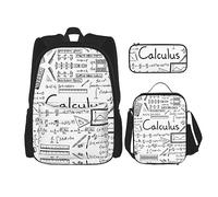 Set da 3 pezzi, zaino leggero e regolabile, borsa termica per il pranzo e astuccio, stampa marmorizzata, Calcolo geek della geometria matematica, taglia unica