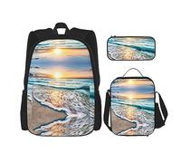 Set da 3 pezzi, zaino leggero e regolabile, borsa termica per il pranzo e astuccio, stampa pesce oceano, Alba sull'oceano, taglia unica