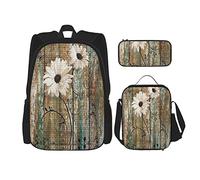 Set da 3 pezzi zaino rustico floreale legno di fienile vecchia porta del garage in legno americano nativo paese fattoria stile opera d'arte libro borsa viaggio lavoro scuola borsa astuccio pranzo bo