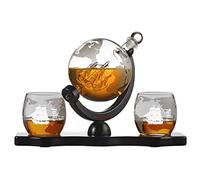 Set da 4 bicchieri da whisky, incisione personalizzata, 1 decanter Globus con mappa del mondo da 850 ml, 2 bicchieri da whisky da 320 ml, 1 vassoio in legno, Scotch, Bourbon, Rum, motivo barca a vela