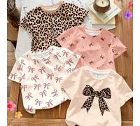 Set da 4 magliette a maniche corte casual e morbide per bambina, collo rotondo, colori: bianco crema, beige crema, rosa crema, stampa cheetah crema, fiocco vintage cheetah, stampa mini pois, adatte pe