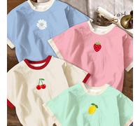 Set da 4 magliette basic a maniche corte con scollo rotondo, stampa minimalista di frutti e fiori, adatte per ragazze pre-adolescenti, per primavera/estate, uso quotidiano, viaggi, vacanze, campus, re