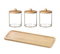 Set da 4 pezzi, 3 porta tamponi/palline/dischetti con 1 vassoio in bambù, barattolo con coperchio in bambù, contenitore trasparente per il bagno