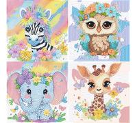 Set da 4 Pezzi 5D Diamond Painting per Bambini, Animali Fai da Te, Mosaico per Ragazze e Ragazzi 6-12 Anni, Regalo dai 6 Anni, 15 x 15 cm