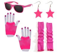 Set da 4 pezzi anni '80 - Include guanti a rete da pesce, scaldamuscoli per gambe al neon, orecchini e occhiali | accessori per feste di carnevale, carnevale e rock 'n' roll Theme