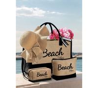 Set da 4 pezzi "Beach" in nero e cachi, inclusi borsa da spiaggia, beauty case, mini pochette e cappello, con grande capacità, tracolla regolabile, organizer da viaggio pratico 1 borsa grande (escluse