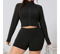 Set da 4 pezzi: Cardigan a maniche lunghe, Canotta, Leggings e Pantaloncini da ciclismo, Maglia elastica, Nero, Taglie comode 0XL,1XL,2XL,3XL,4XLColore unicoTessuto in maglia