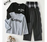 Set da 4 pezzi di abbigliamento casual per ragazzo giovane, include una maglia a maniche lunghe con stampa a lettere in maglia morbida e vestibilità ampia, e pantaloni lunghi classici a quadri, adatto