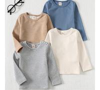 Set da 4 pezzi di body e magliette a maniche lunghe in maglia morbida a righe e tinta unita per bambini/bambine 6-9M,9-12M,12-18M,18-24M,2-3YA strisceTessuto