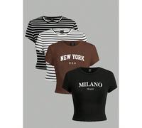 Set da 4 pezzi di magliette corte aderenti da donna, stile casuale e minimalista, con disegni di lettere e geografici, collo rotondo, maniche corte, adatte per estate, vacanza al mare, primavera, gita