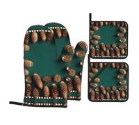 Set da 4 pezzi - Guanti da cucina con bordo a pigna e tappetino resistente al calore, adatti per grigliare e cuocere in casa.