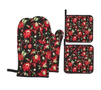Set da 4 pezzi Guanti da forno e presine Red Field of Roses Pattern Guanti da forno spessi e presine Guanto da cucina per griglia da forno e barbecue