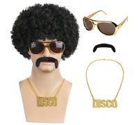 Set da 4 pezzi per uomo composto da parrucca africana, occhiali, collana disco e barba, per costume da uomo dei anni '70 e '80, parrucca corta riccio naturale Fibra ad alta temperatura