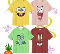 Set da 4 pezzi, SpongeBob, maglietta a maniche corte in cotone a coste per bambine, abbigliamento sportivo per bambini in stile college, primavera ed estate, top a maniche corte morbidi e traspiranti 