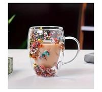 Set da 4 pezzi: tazza da caffè in vetro a forma di fiore, tazza da caffè espresso a doppia parete da 350 ml, tazza termica for acqua con sabbia mobile.