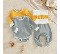 Set da 4 pezzi Tutina e pantaloni a maniche lunghe per neonati, outfit casual di colore semplice, tessuto confortevole adatto per uso quotidiano di neonati e bambini, amato da bebè e mamme 6-9M,0-1M,1