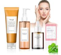 Set da 4 Prodotti alla Centella Asiatica | Stick Detergente all'Argilla (27g) + Siero (30ml) + Schiuma Detergent (125ml) + Olio Detergente illuminante (100ml) | Routine Completa | Per Pelli Sensibili