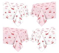 Set da 4 Tovaglie Rettangolari con Ciliegie e Fiocchi Decorazioni per Compleanno con Ciliegie per Ragazze, Donne, Compleanno, Matrimonio, Addio al Nubilato, Baby Shower, Festa, 220x130cm, Rosa Bianco