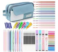 Set da 42 pezzi di astuccio con grande capacità e materiale scolastico estetico, 12 evidenziatori pastello, 5 pennarelli gel con inchiostro nero, 6 matite, set di cancelleria (Blu)