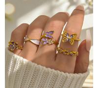 Set da 5 anelli in smalto con gocce di vernice, fiori viola e farfalle, set di anelli con farfalle e fiori a 5 petali viola per donne Tagli UnicaLega di zinco
