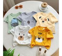 Set da 5 magliette a maniche corte a girocollo in maglia morbida, con stampa di orsacchiotti e cani, per neonati/bambini, colori pastello, adatte per primavera/estate, uso interno ed esterno 6-9M,9-12