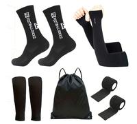 Set da 5 pezzi: calze da calcio sopra la caviglia, maniche protettive contro il sole, coperture protettive per calze, cinghie sportive, zaino con coulisse. Calze antiscivolo professionali per allename