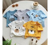 Set da 5 pezzi di magliette a maniche corte in maglia morbida tonde al collo per bambini/e, con stampe di cartoni animati di orsetti e cani, colori macaron, adatte per primavera ed estate, per uso dom