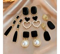 Set da 5 pezzi di orecchini eleganti e casual alla francese, asimmetrici, con geometrie nere e gocce di smalto, cuori e perle finte, design minimale e alla moda, set di orecchini di alta qualità adatt