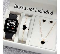 Set da 5 pezzi, orologio digitale LED con motivo a terra quadrato in silicone nero, stile casual, braccialetto a forma di cuore, collana e orecchini, il miglior regalo di compleanno per bambini, adatt