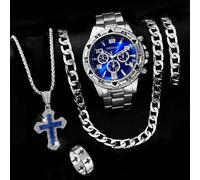 Set da 5 pezzi: Orologio oversize da uomo stile hip hop, orologio al quarzo con quadrante blu, collana con pendente a croce in zirconia, bracciale, anello, regalo per occasioni festive e uso quotidian