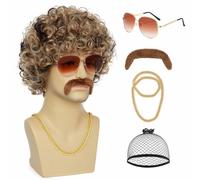 Set da 5 pezzi Parrucca da discoteca anni '70 e '80 con baffi, occhiali, collana con lupo artificiale, catena in oro, capelli sintetici corti e ricci, afro, da uomo, rocker-PARRUCCA (5 pezzi)-JS-8 pol