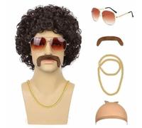 Set da 5 pezzi Parrucca da discoteca anni '70 e '80 con baffi, occhiali, collana con lupo artificiale, catena in oro, capelli sintetici corti e ricci, afro, da uomo, rocker-PARRUCCA (5 pezzi)-marrone-