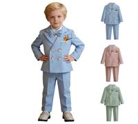 Set da 5 pezzi per bambini con giacca doppiopetto e pantaloni, con camicia, papillon e fiore all'occhiello, per portatore di fedi nuziali, concorso, compleanno, laurea, occasioni speciali, blu