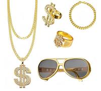 Set da 5 pezzi per costume hip hop, per travestimento da uomo e anni '90, con catena dorata, anelli per feste, braccialetto finto oro, collana con simbolo del dollaro finto per uomini e donne