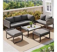 Set da 6 7 persone in rattan, divano componibile per esterni, con tavolo e gambe regolabili, struttura in acciaio zincato, mobili da giardino grigi, perfetto per cortile e balcone