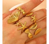 Set da 6 anelli in acciaio inossidabile con decorazioni a stella marina, corallo e conchiglia della serie mare, design creativo e versatile per uso quotidiano delle donne, adatto per l'estate Acciaio 