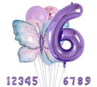 Set da 6 anni con numero di palloncini in pellicola, decorazione con animali, blu, viola, decorazione di compleanno, decorazione per feste di compleanno per bambini, numero 6, palloncini per ragazze,