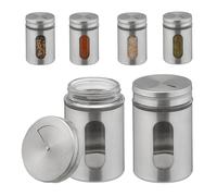 Relaxdays Portaspezie, Set da 6 Barattoli, 3 Aperture Diverse, 290 ml, XL, Coperchio Forato, Vetro, Acciaio, Argentati, Inox